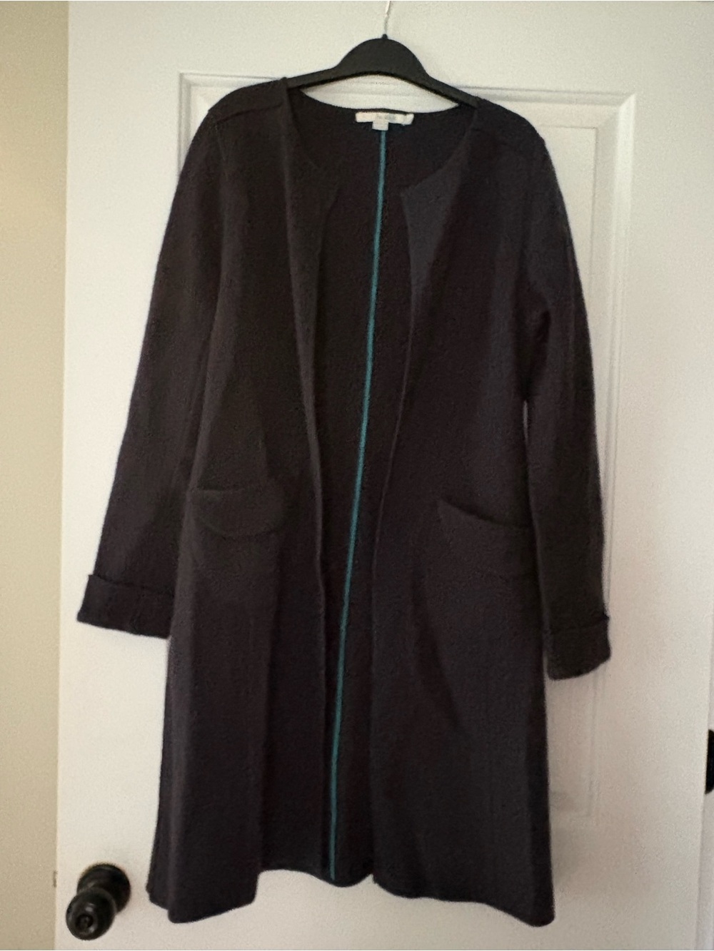 Boden Black Long Open Cardigan Coat with Teal Trim